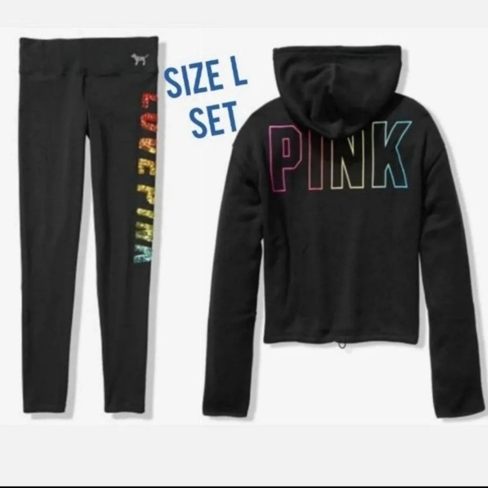 VS Pink Crop Pullover Hoodie & Bling Yoga Leggings